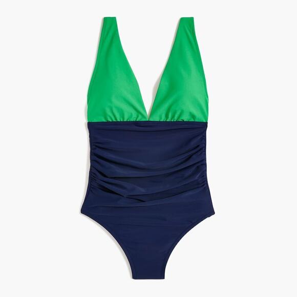 J. Crew Swimsuit V Neck Ruched One Piece Green and Navy Color Block NWT Large - Picture 4 of 11